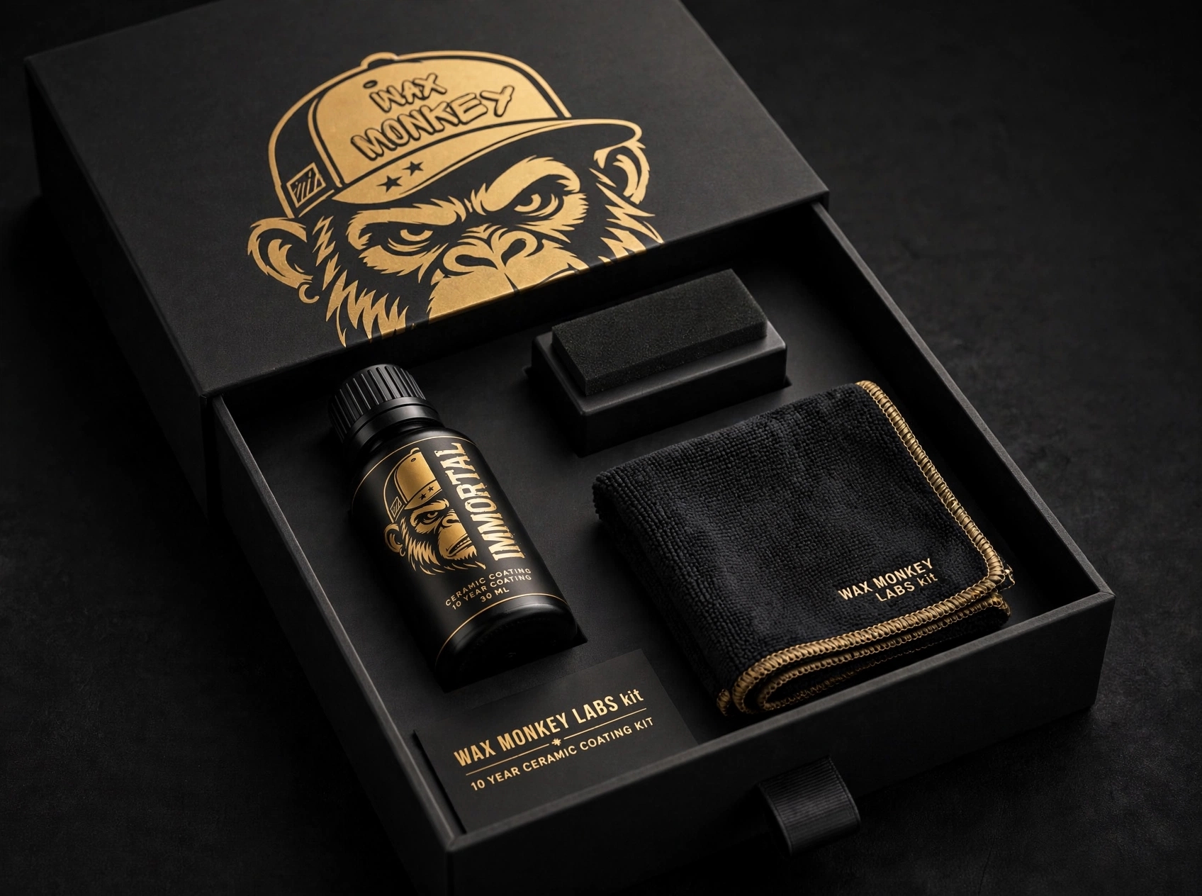 Wax Monkey Labs kit — 10 year ceramic coating kit with bottle, applicator and cloth