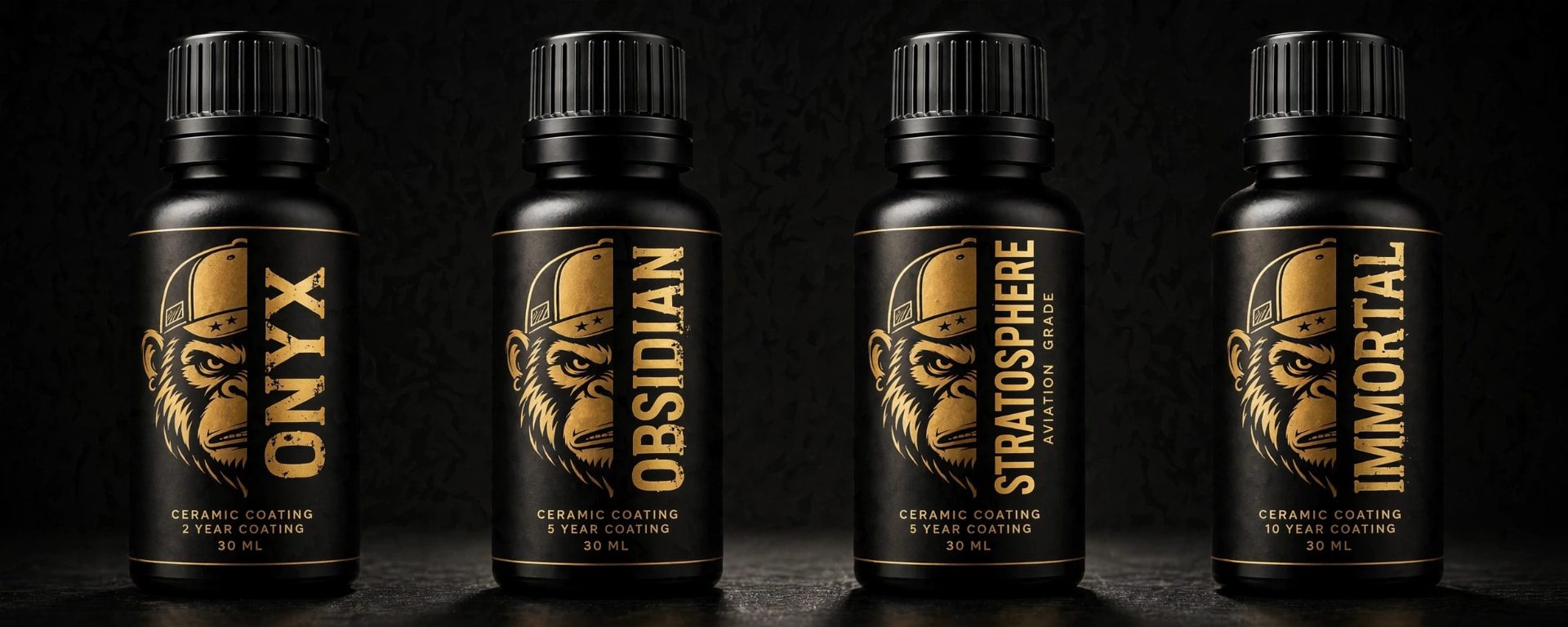The Wax Monkey Labs ceramic coating range: ONYX, OBSIDIAN, STRATOSPHERE and IMMORTAL